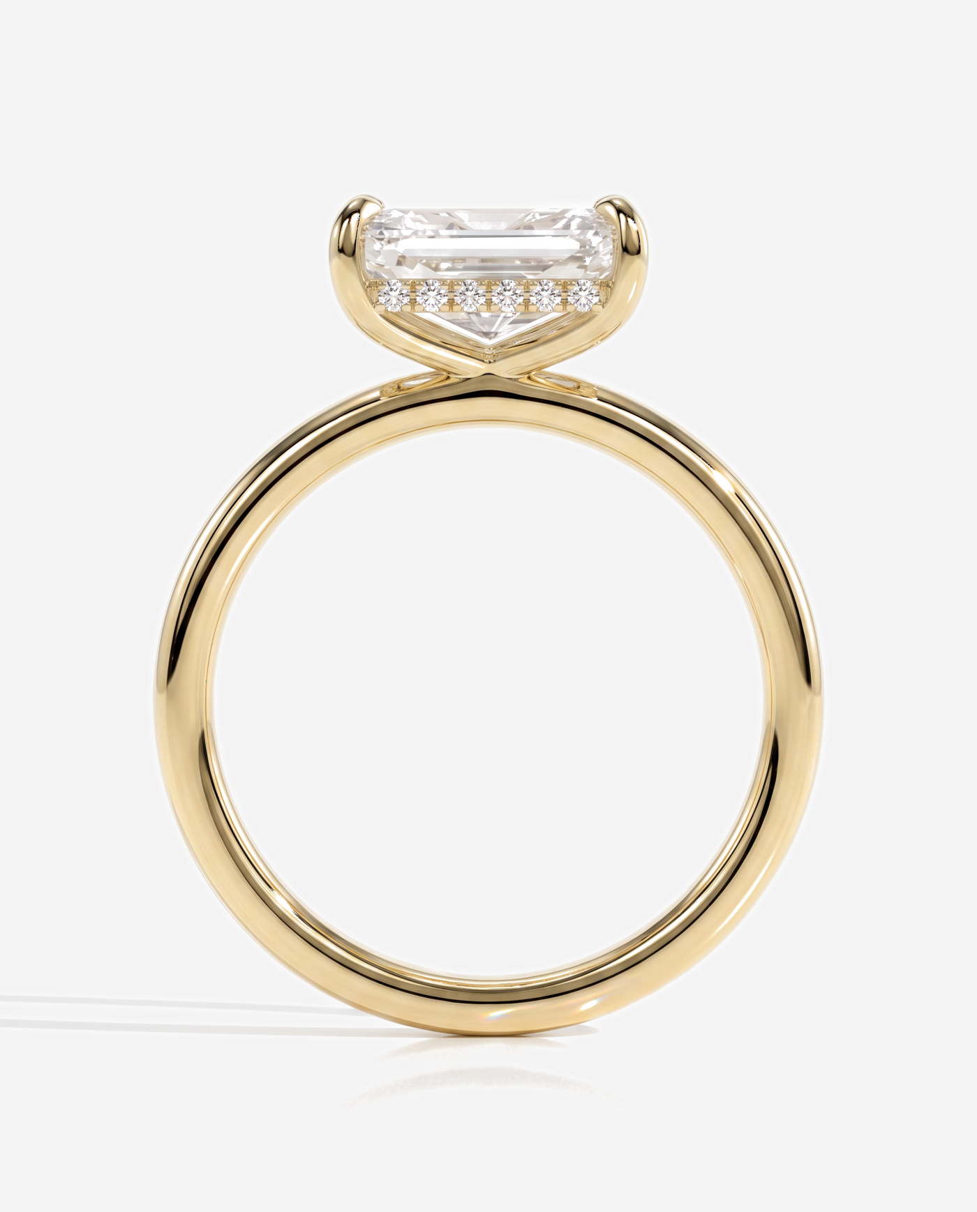 Tamsin Radiant East West Claw Solitaire with Hidden Halo Engagement Ring, lab grown diamond in yellow gold, side profile
