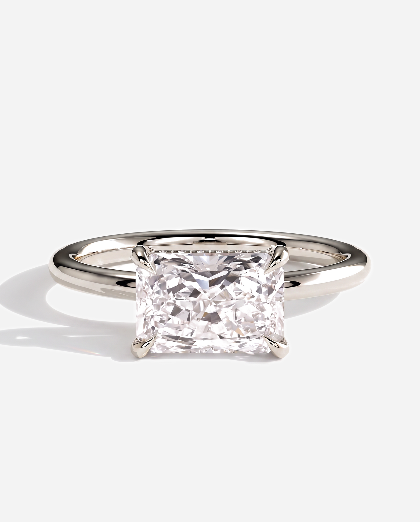 Tamsin Radiant East West Claw Solitaire with Hidden Halo Engagement Ring, lab grown diamond in white gold, front view