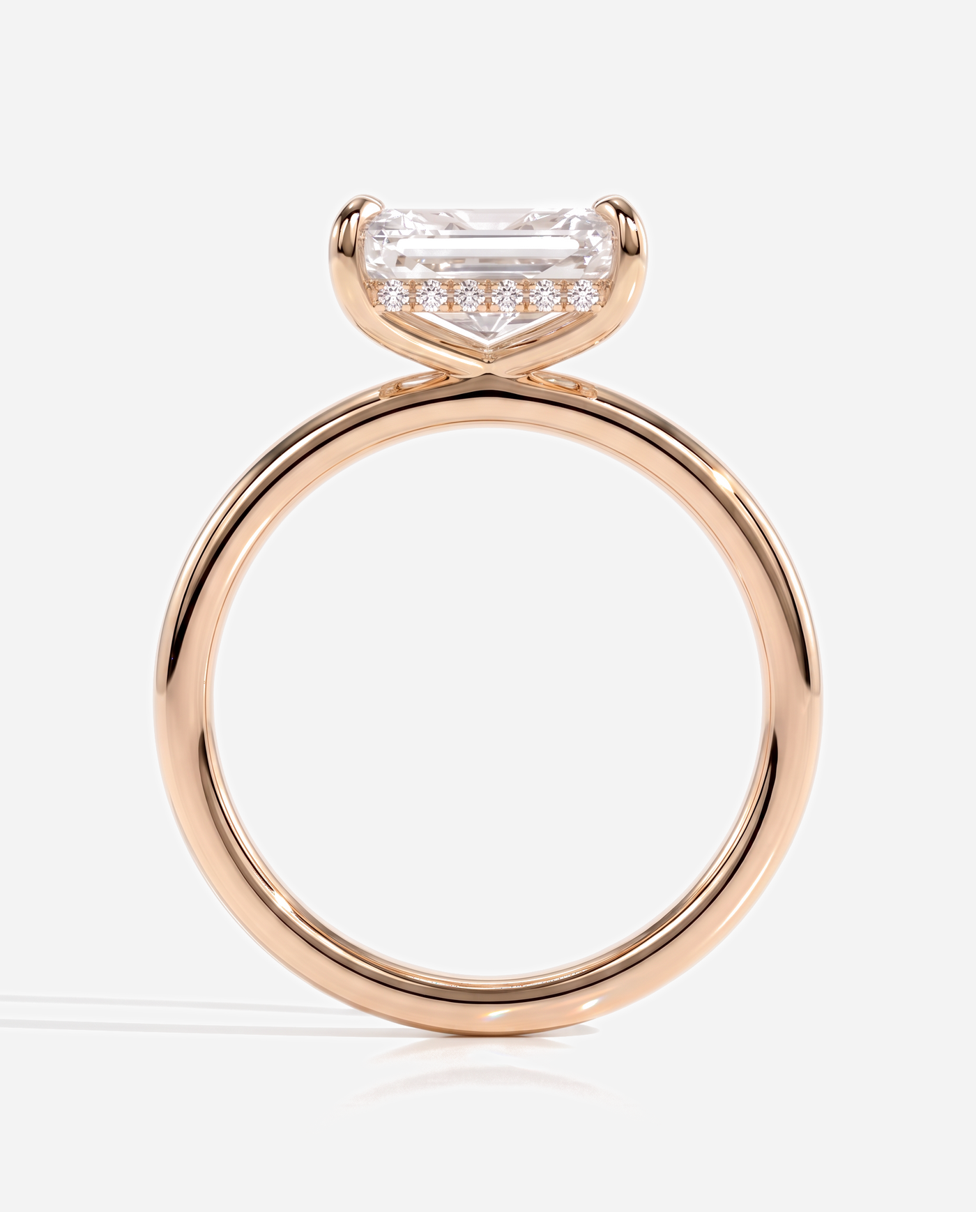 Tamsin Radiant East West Claw Solitaire with Hidden Halo Engagement Ring, lab grown diamond in rose gold, side profile