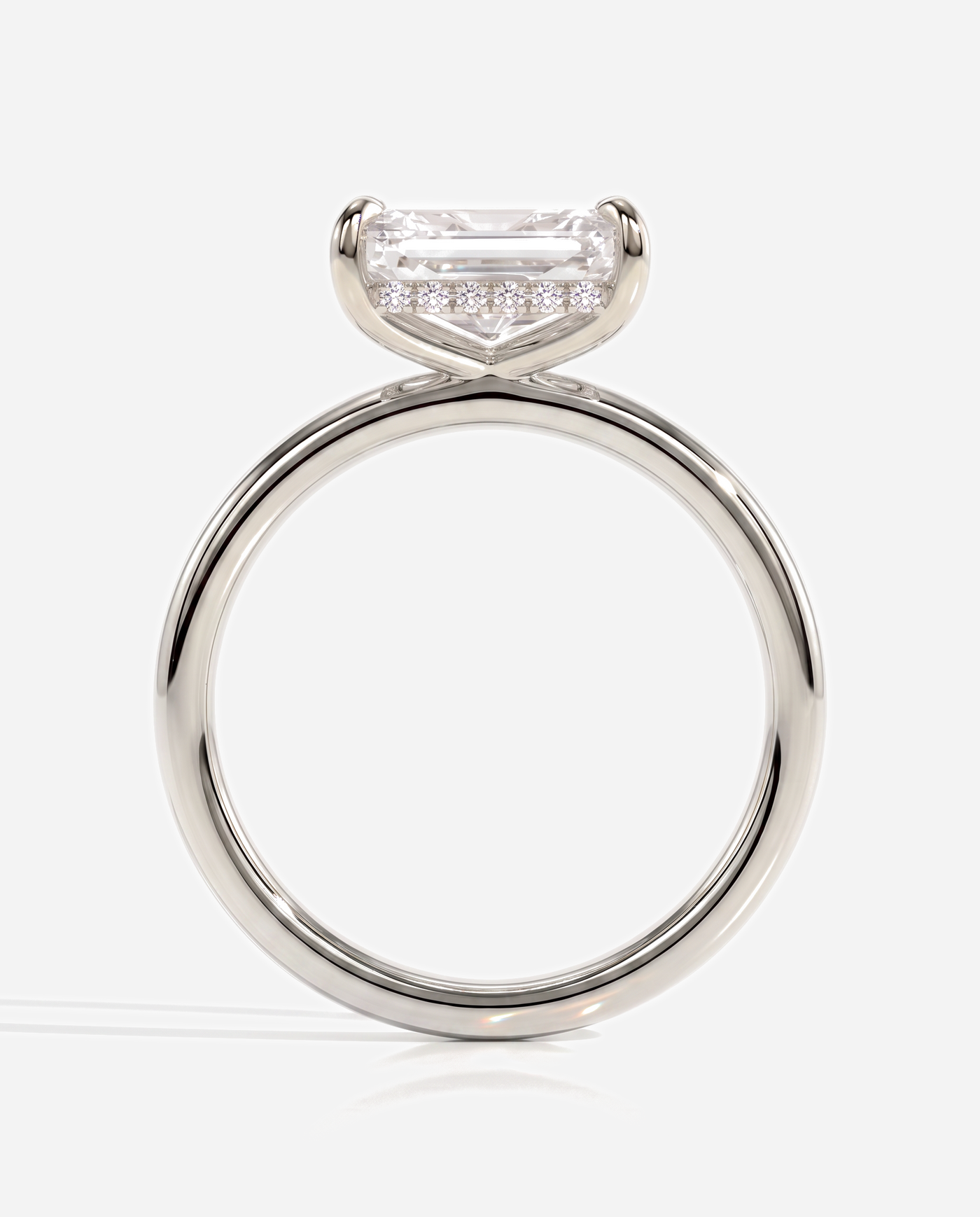 Tamsin Radiant East West Claw Solitaire with Hidden Halo Engagement Ring, lab grown diamond in platinum, side profile