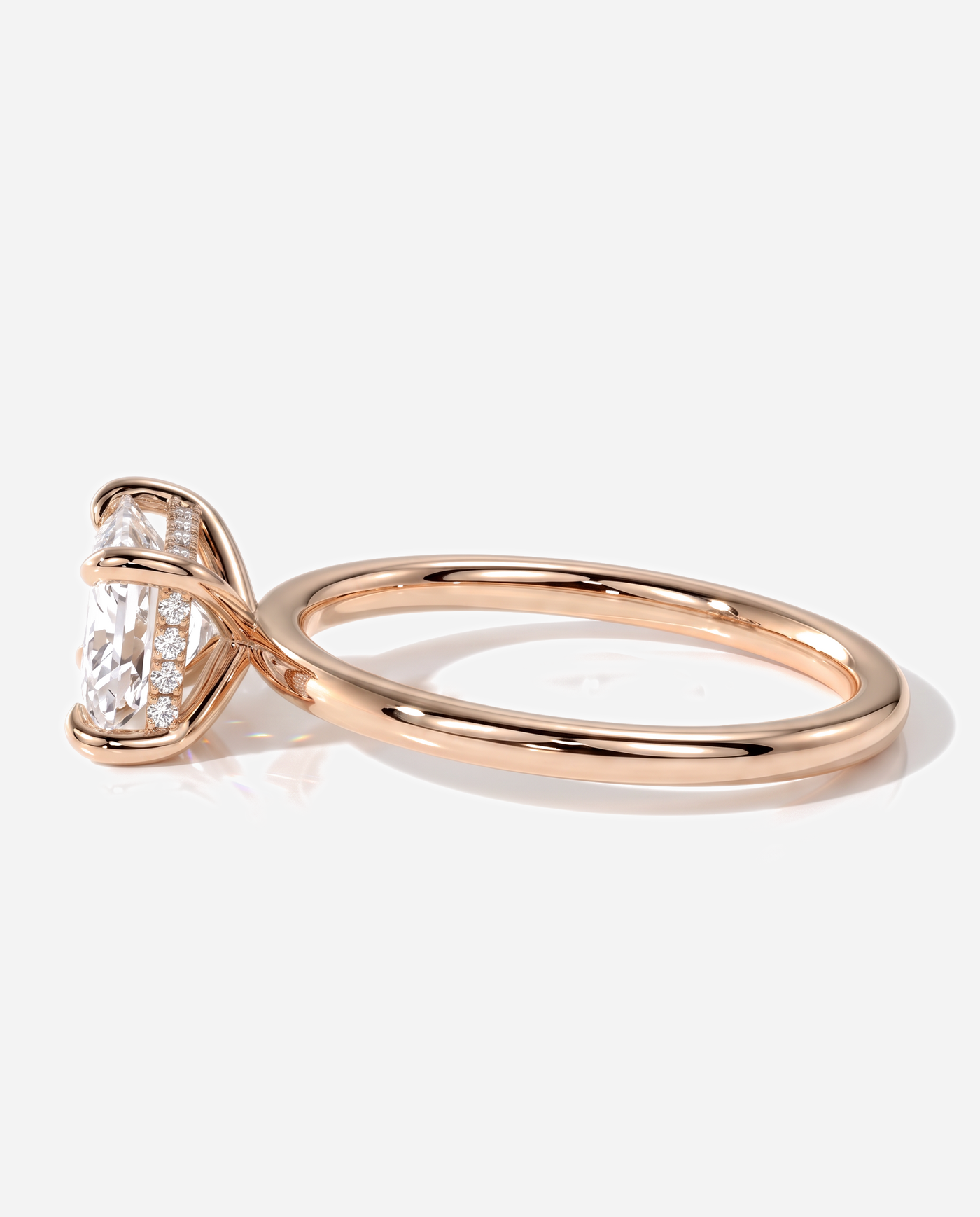 Tamsin Radiant East West Claw Solitaire with Hidden Halo Engagement Ring, lab grown diamond in rose gold, detail view