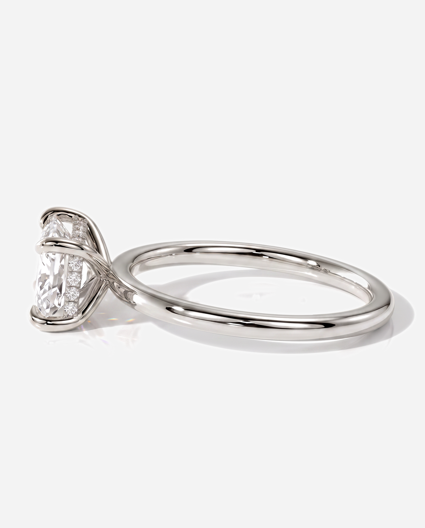 Tamsin Radiant East West Claw Solitaire with Hidden Halo Engagement Ring, lab grown diamond in platinum, detail view