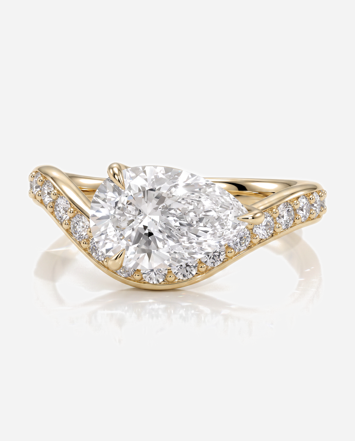 Ellis Pear Claw Solitaire with Bead Set Pave Wave Band and East West Setting Engagement Ring, lab grown diamond in yellow gold, front view
