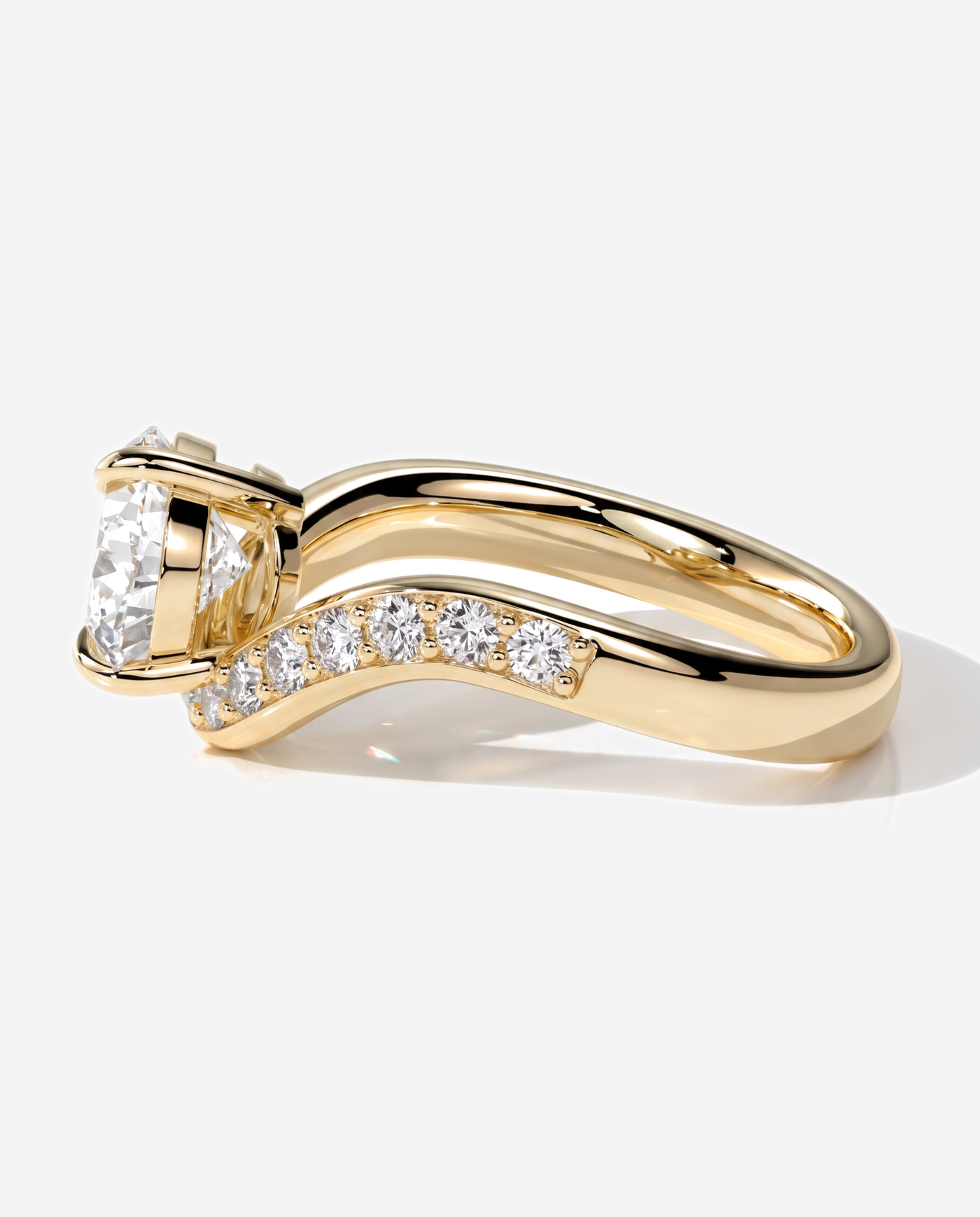 Ellis Pear Claw Solitaire with Bead Set Pave Wave Band and East West Setting Engagement Ring, lab grown diamond in yellow gold, detail view