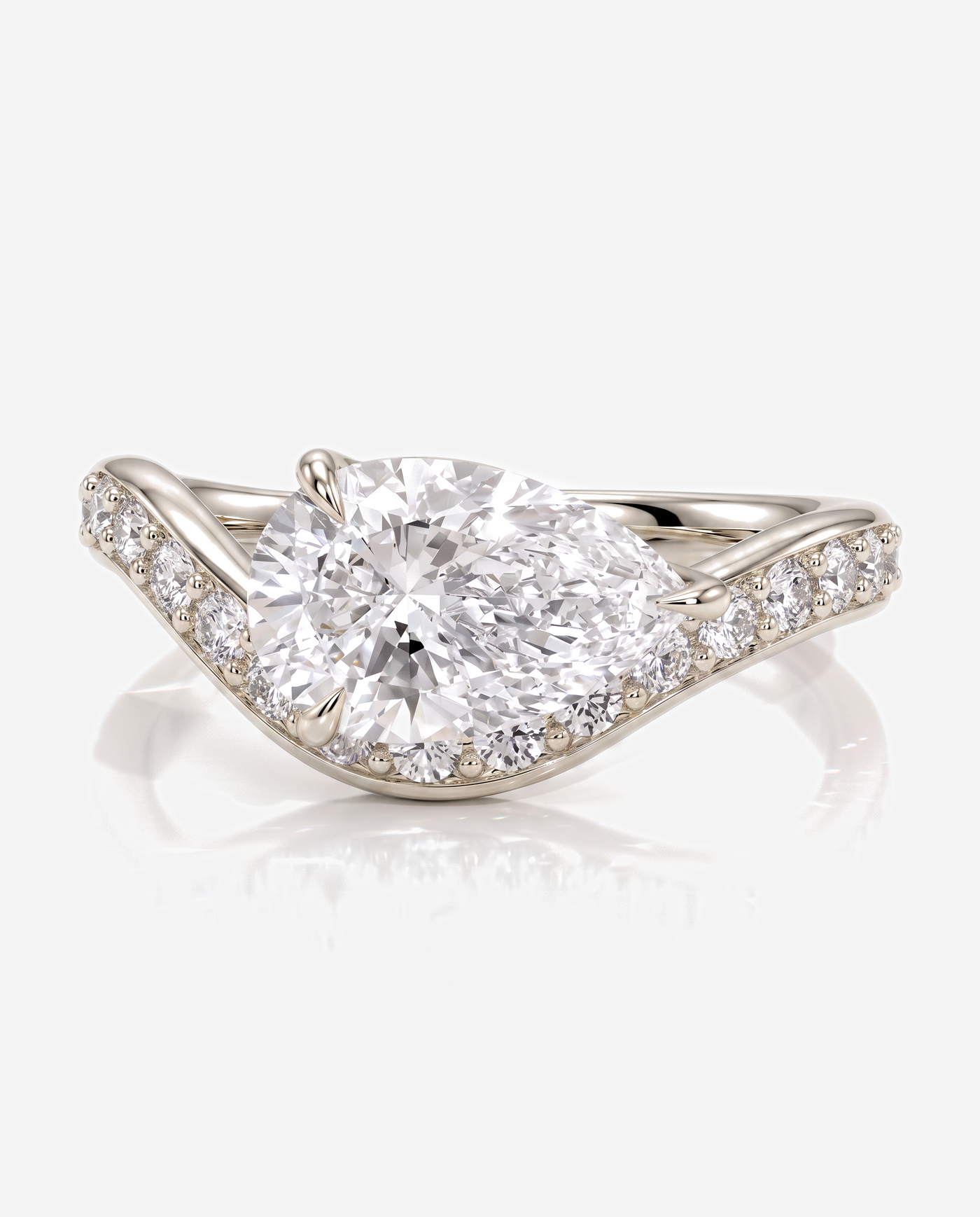 Ellis Pear Claw Solitaire with Bead Set Pave Wave Band and East West Setting Engagement Ring, lab grown diamond in white gold, front view
