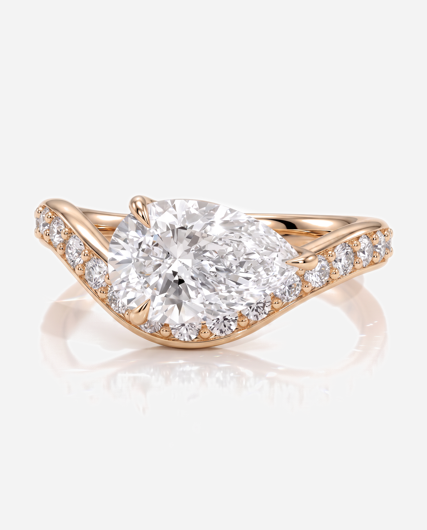 Ellis Pear Claw Solitaire with Bead Set Pave Wave Band and East West Setting Engagement Ring, lab grown diamond in rose gold, front view