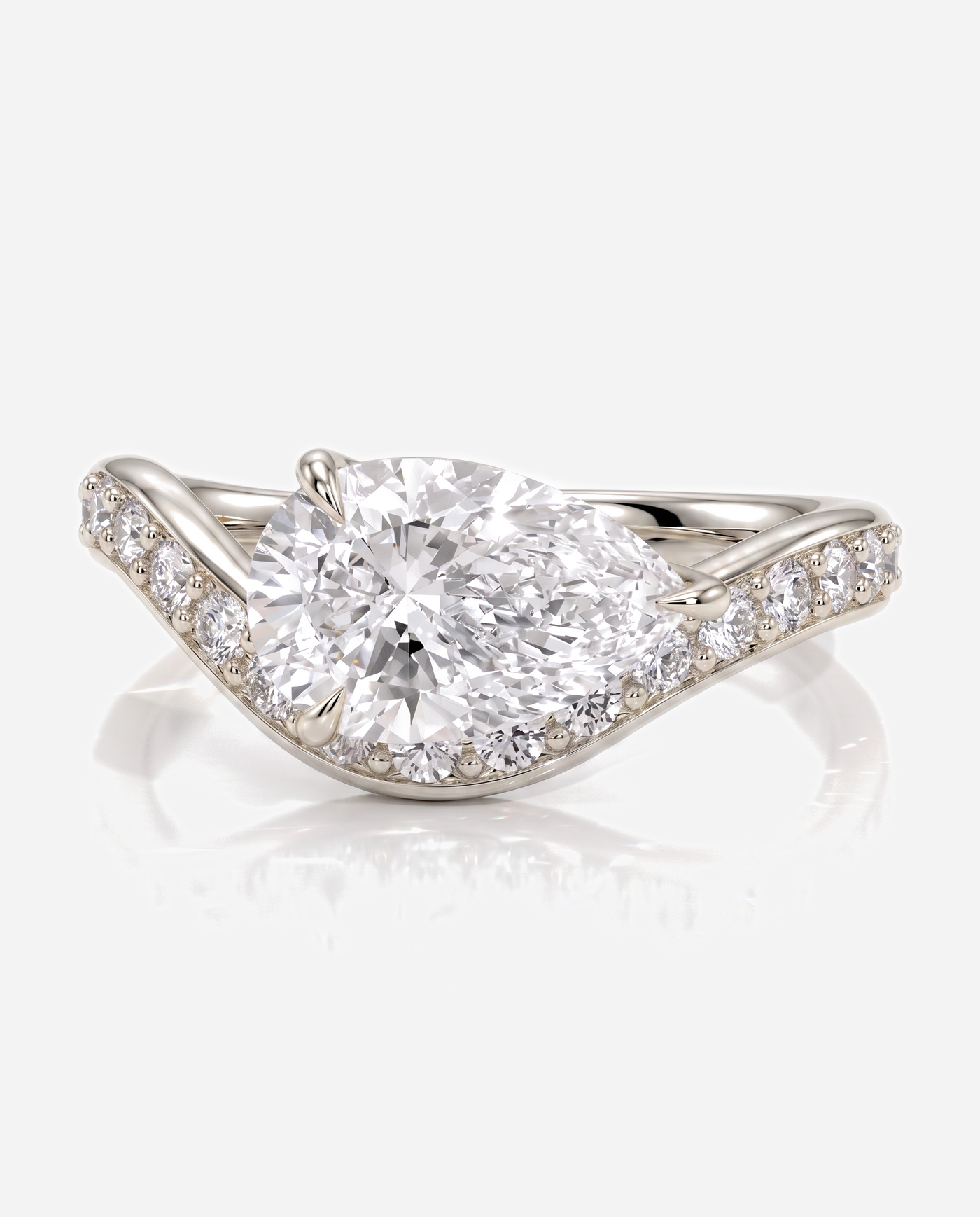 Ellis Pear Claw Solitaire with Bead Set Pave Wave Band and East West Setting Engagement Ring, lab grown diamond in platinum, front view