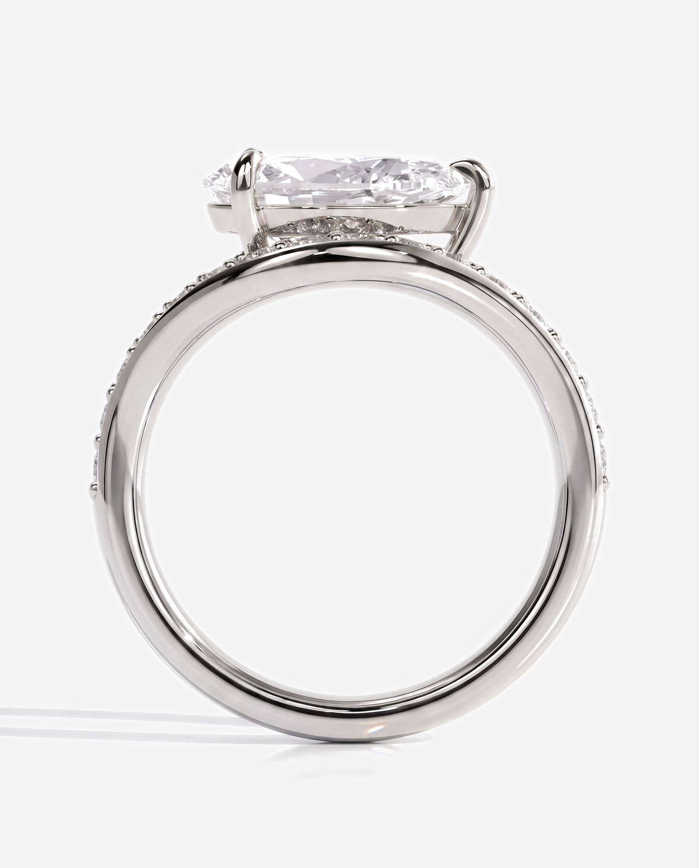 Ellis Pear Claw Solitaire with Bead Set Pave Wave Band and East West Setting Engagement Ring, lab grown diamond in white gold, side profile