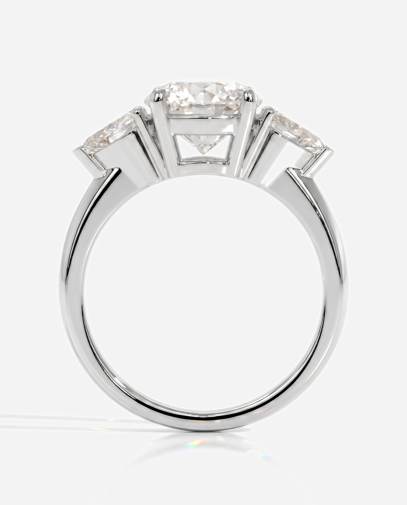 Alyssa Round Claw Trilogy with Pear Side Stones and Knife Edge Band Engagement Ring, lab grown diamond in white gold, side profile