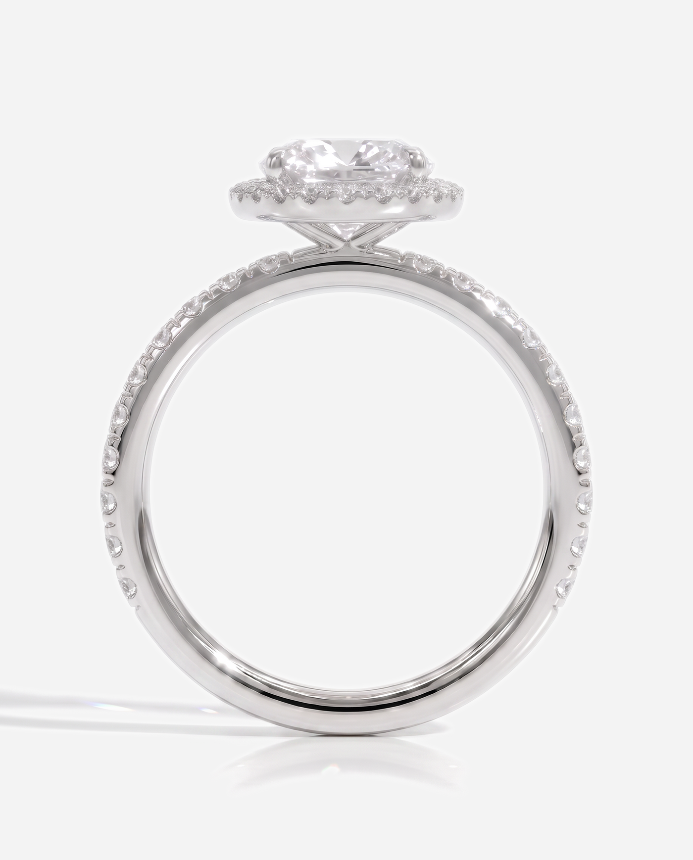 Jordyn Cushion Claw Solitaire with Halo and Pave Band Engagement Ring, lab grown diamond in white gold, side profile