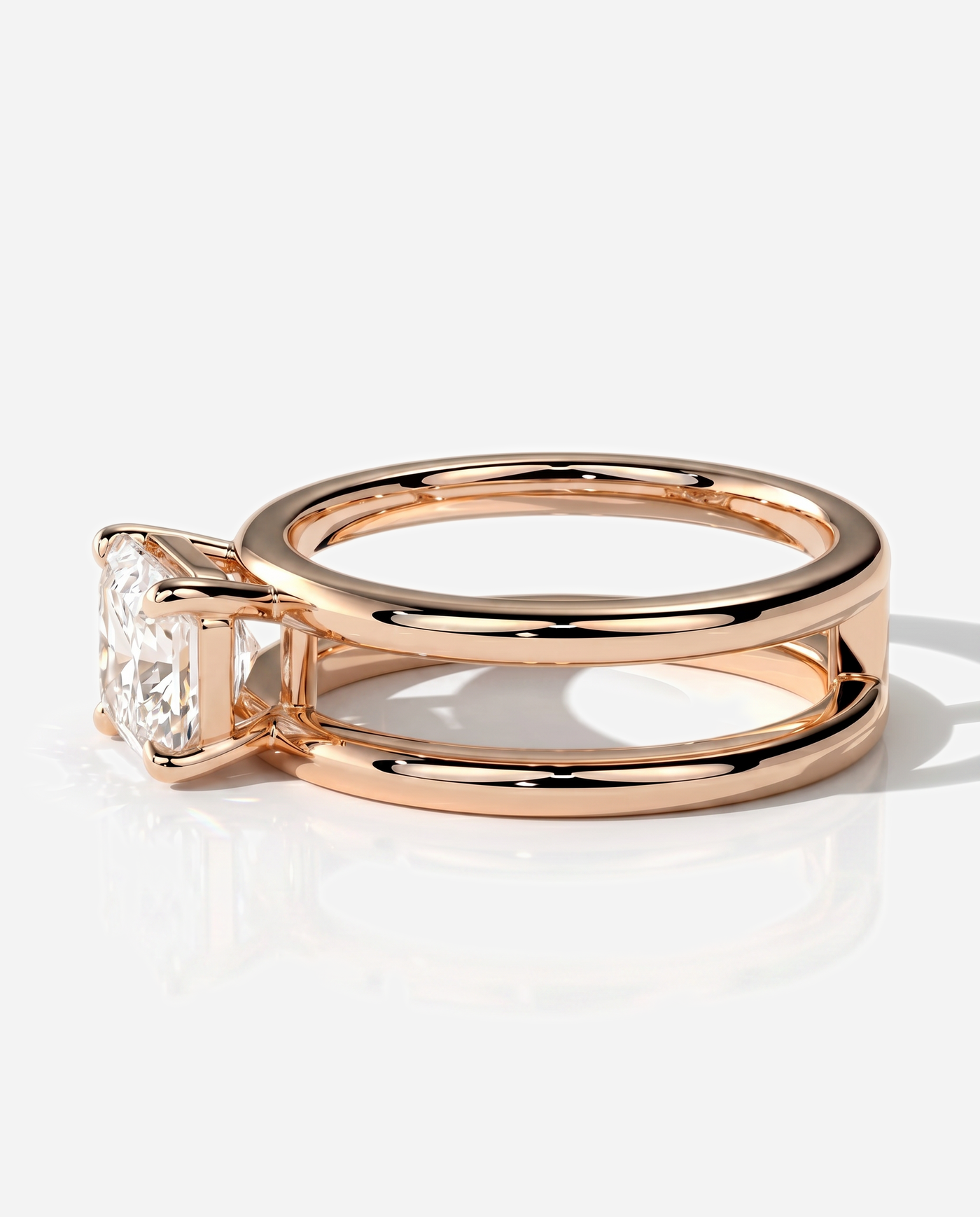 Violet Emerald East West Claw Solitaire with Spaced Double Band Engagement Ring, lab grown diamond in rose gold, detail view