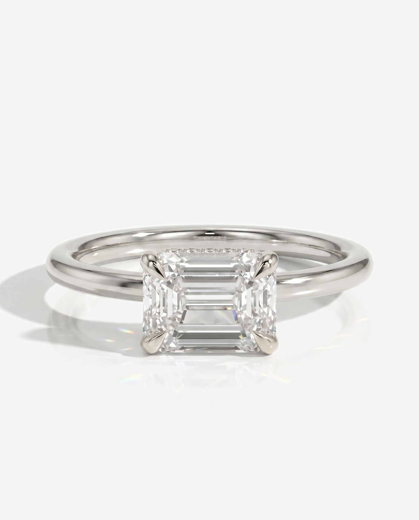 Soraya Emerald East West Claw Solitaire with Hidden Halo Engagement Ring, lab grown diamond in white gold, front view