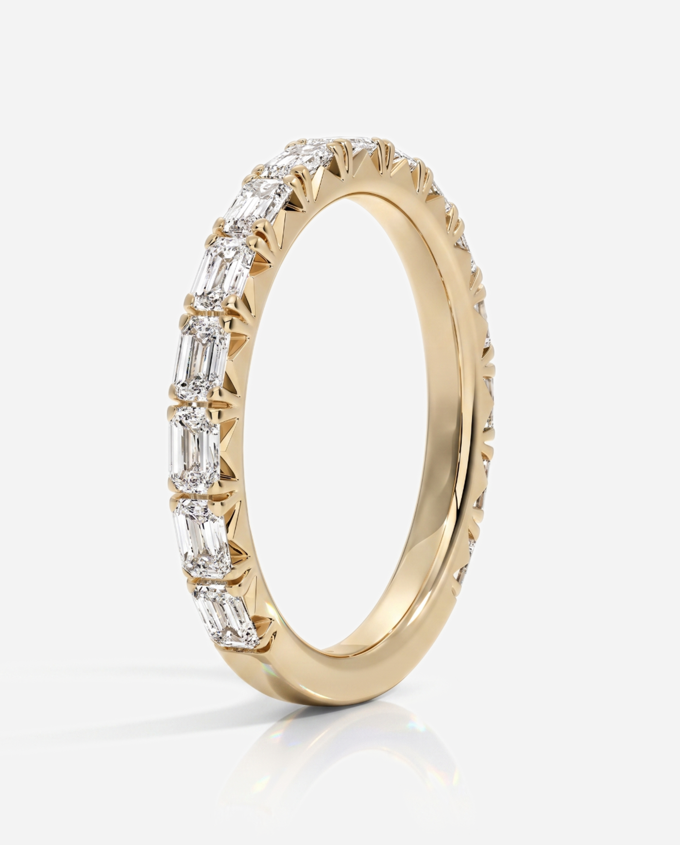 Sarah Emerald Cut French Pavé Wedding Band, lab grown diamond in yellow gold, three quarter view