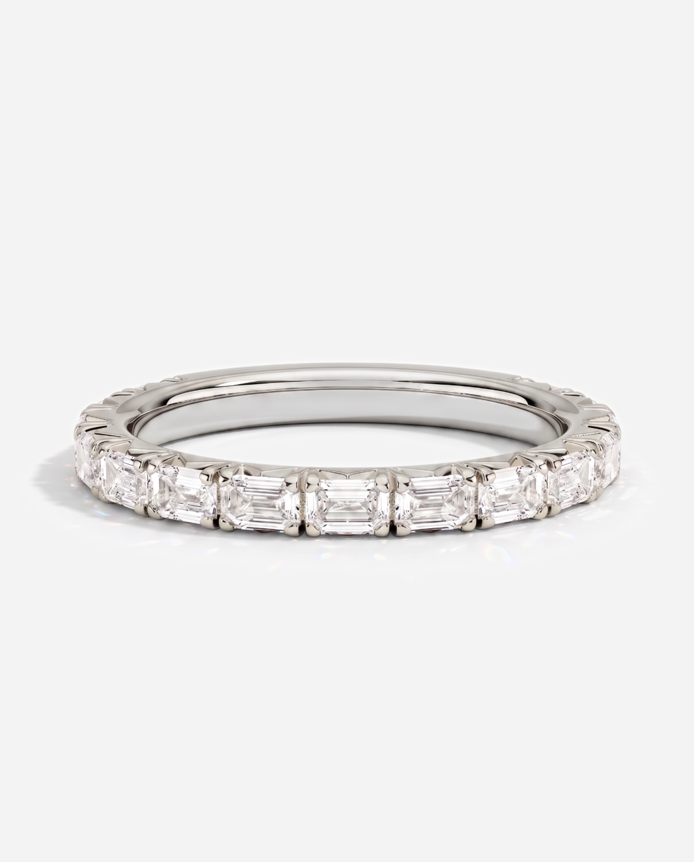 Sarah Emerald Cut French Pavé Wedding Band, lab grown diamond in platinum, front view