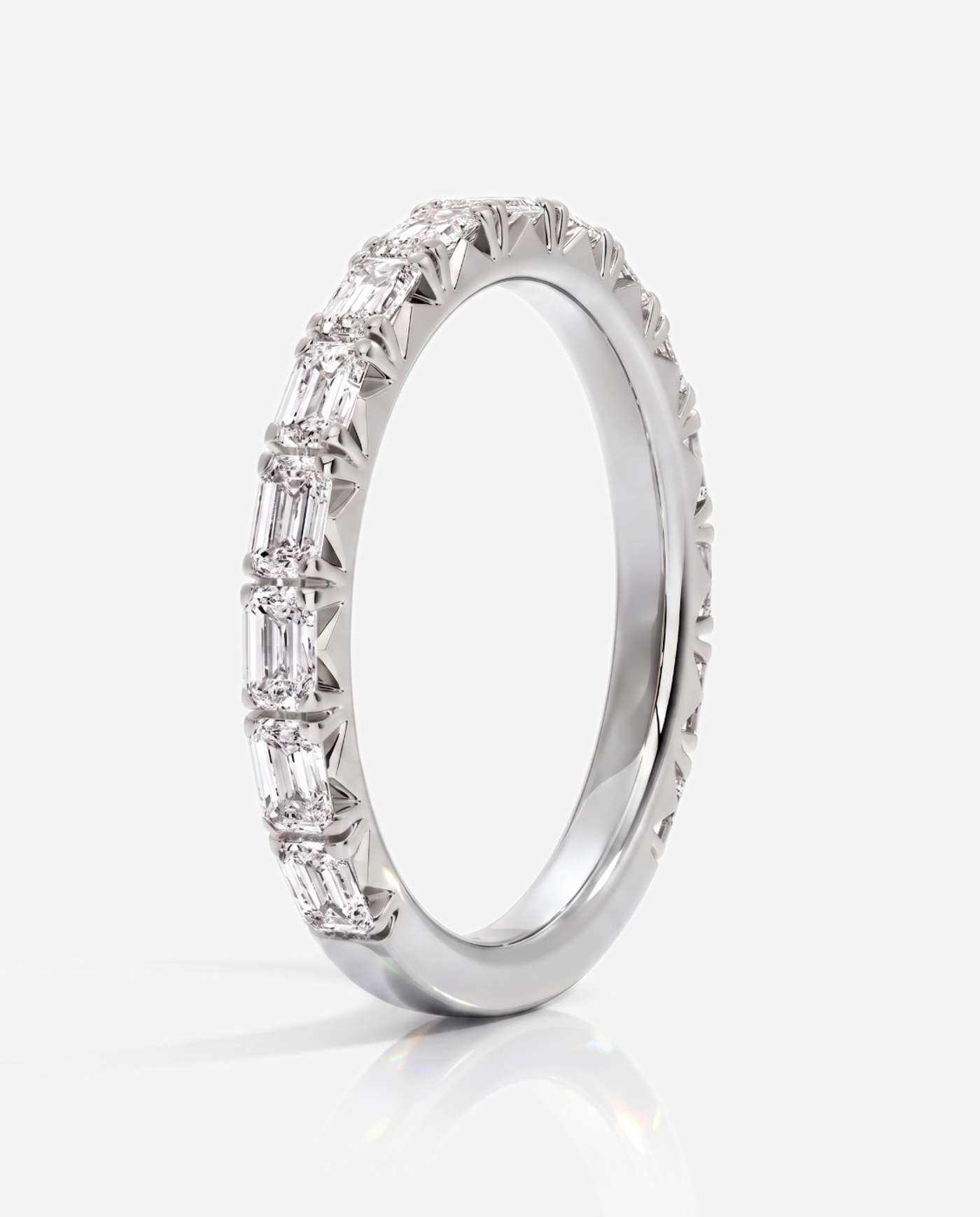 Sarah Emerald Cut French Pavé Wedding Band, lab grown diamond in white gold, three quarter view