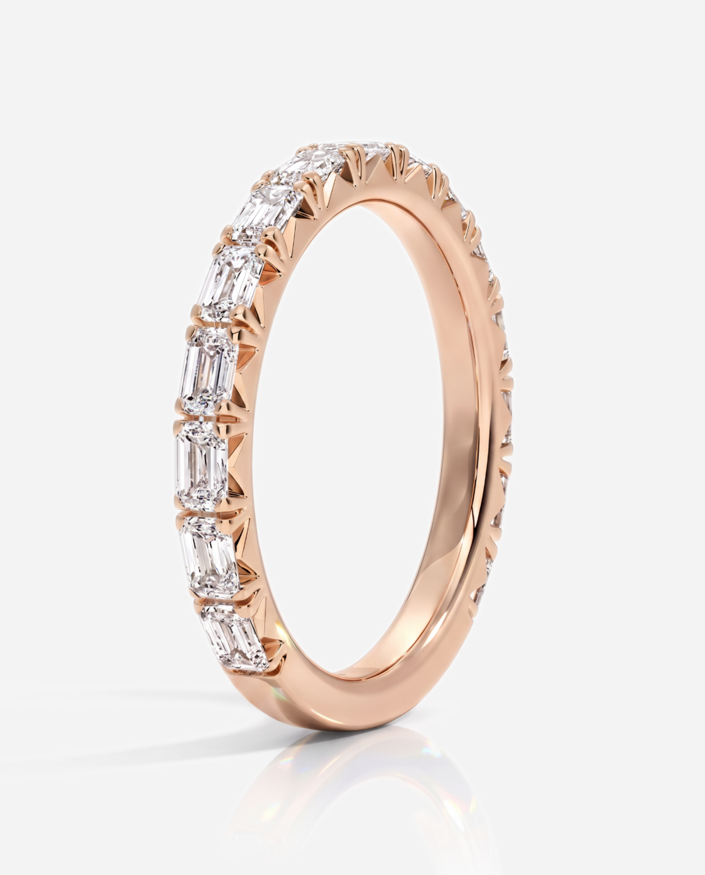 Sarah Emerald Cut French Pavé Wedding Band, lab grown diamond in rose gold, three quarter view