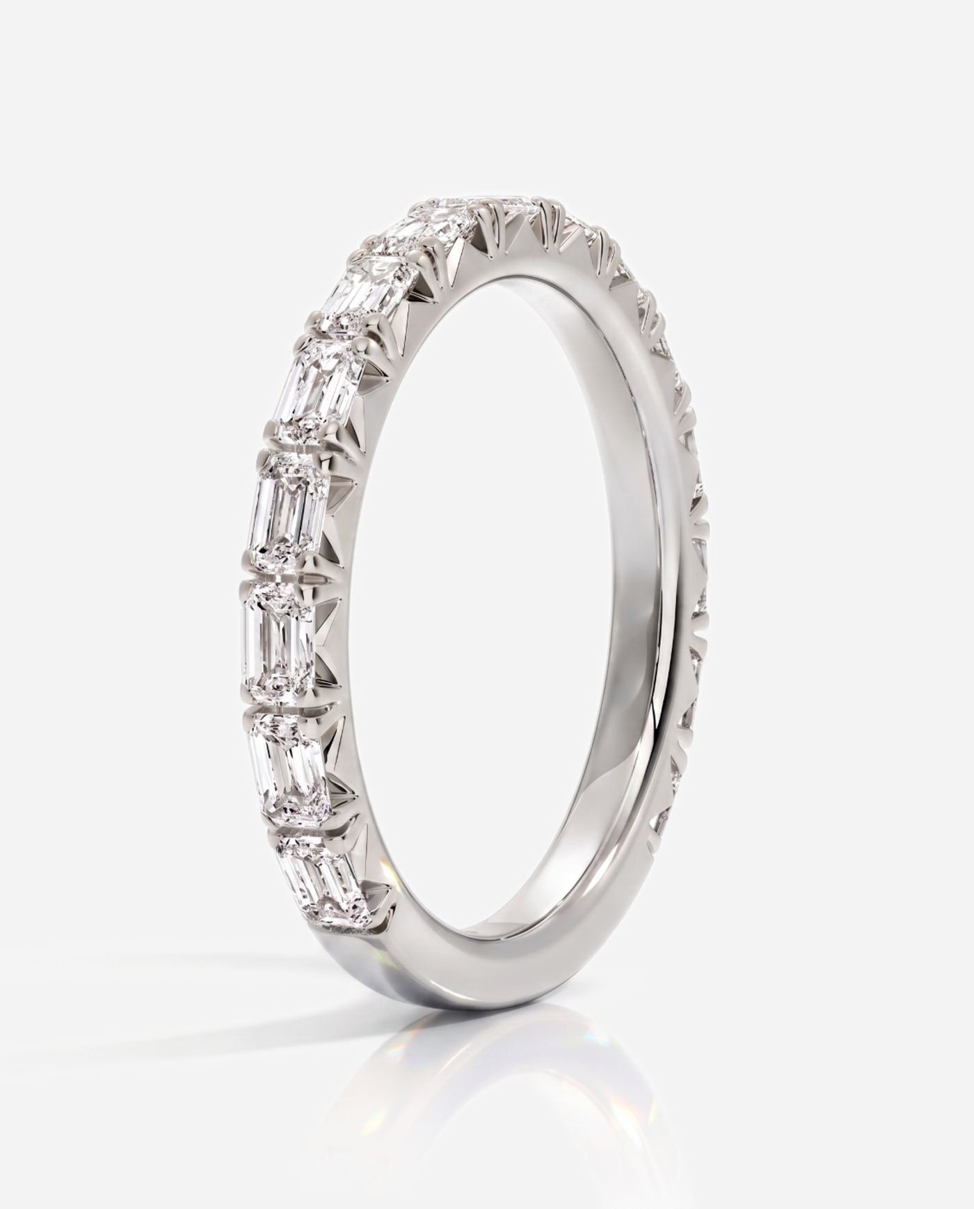 Sarah Emerald Cut French Pavé Wedding Band, lab grown diamond in platinum, three quarter view