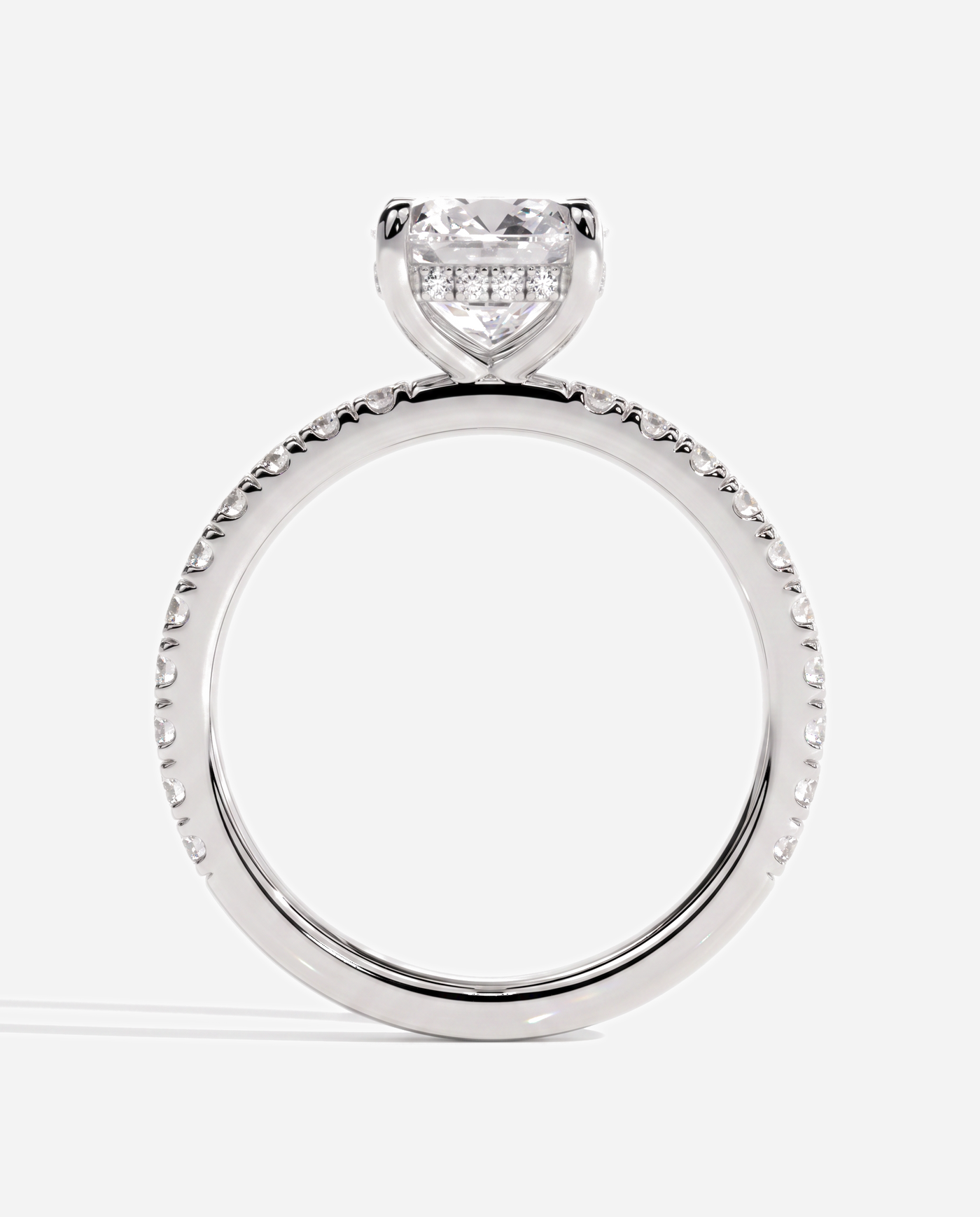 Cadence Cushion Claw Solitaire with Hidden Halo and Pave Band Engagement Ring, lab grown diamond in platinum, side profile