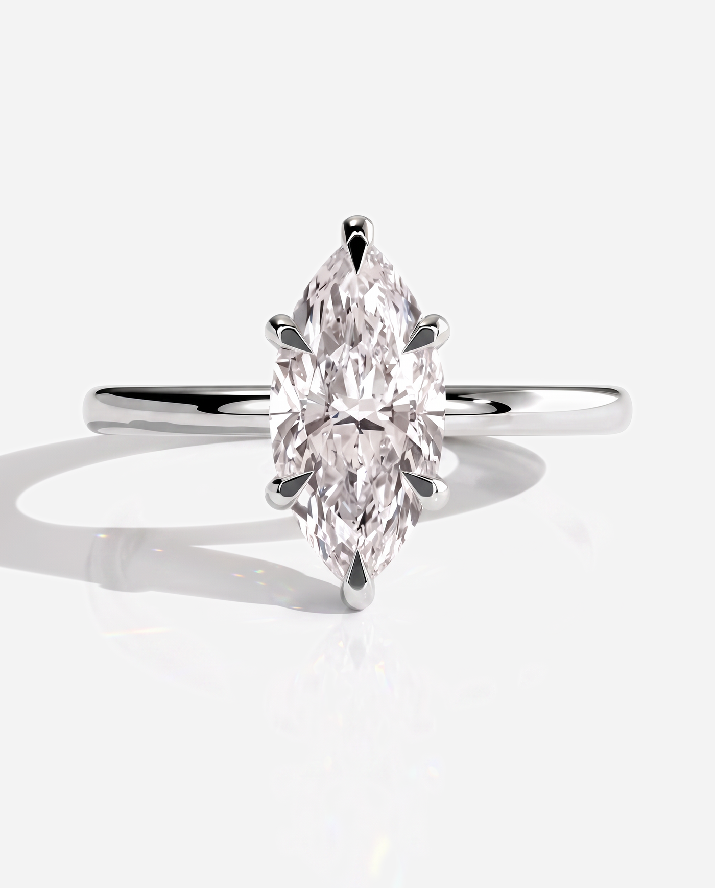 Saffira Marquise Claw Solitaire with Hidden Halo Engagement Ring, lab grown diamond in platinum, front view
