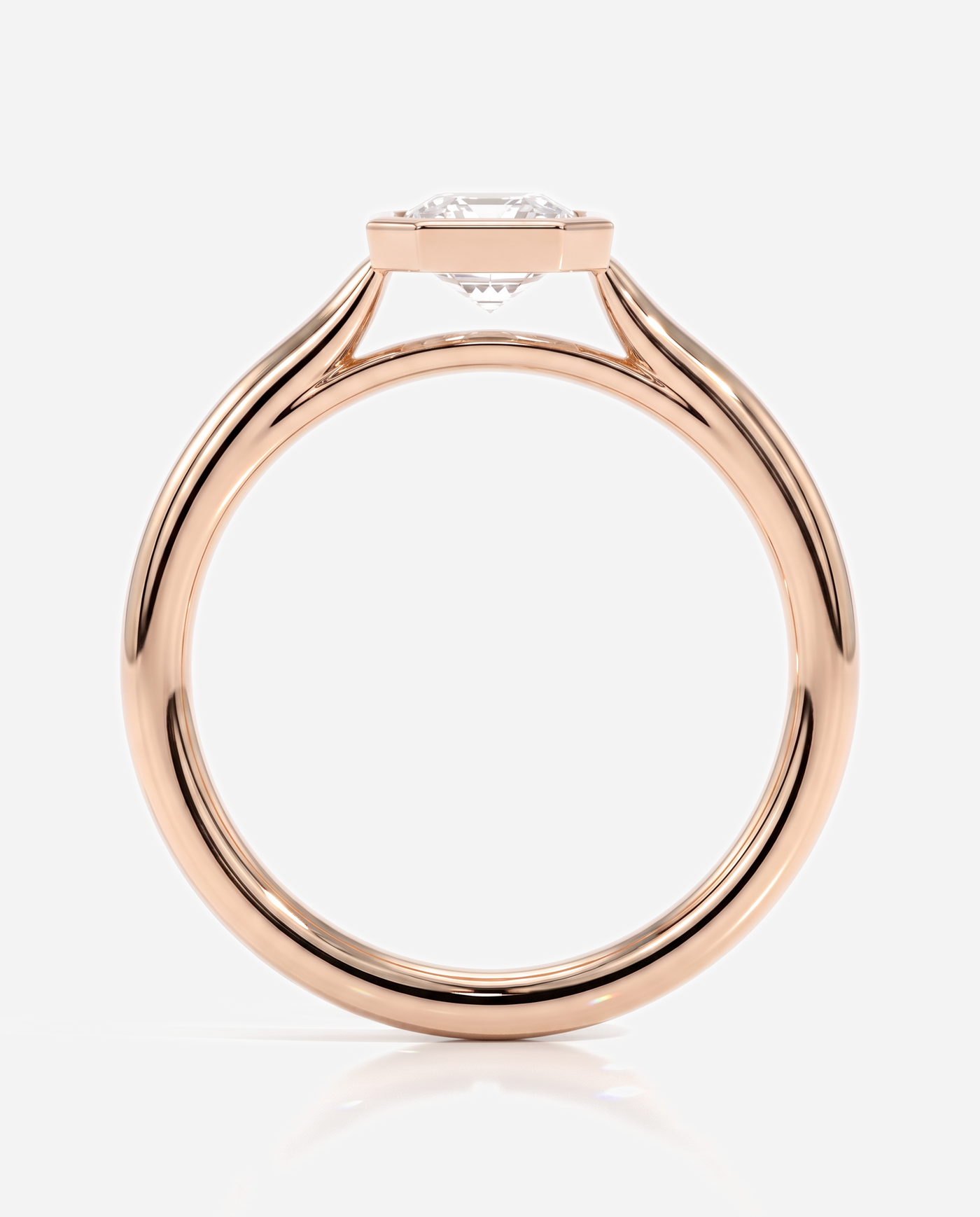 Dominique Statement Emerald Bezel Solitaire with Open Cathedral Setting Engagement Ring, lab grown diamond in rose gold, side profile