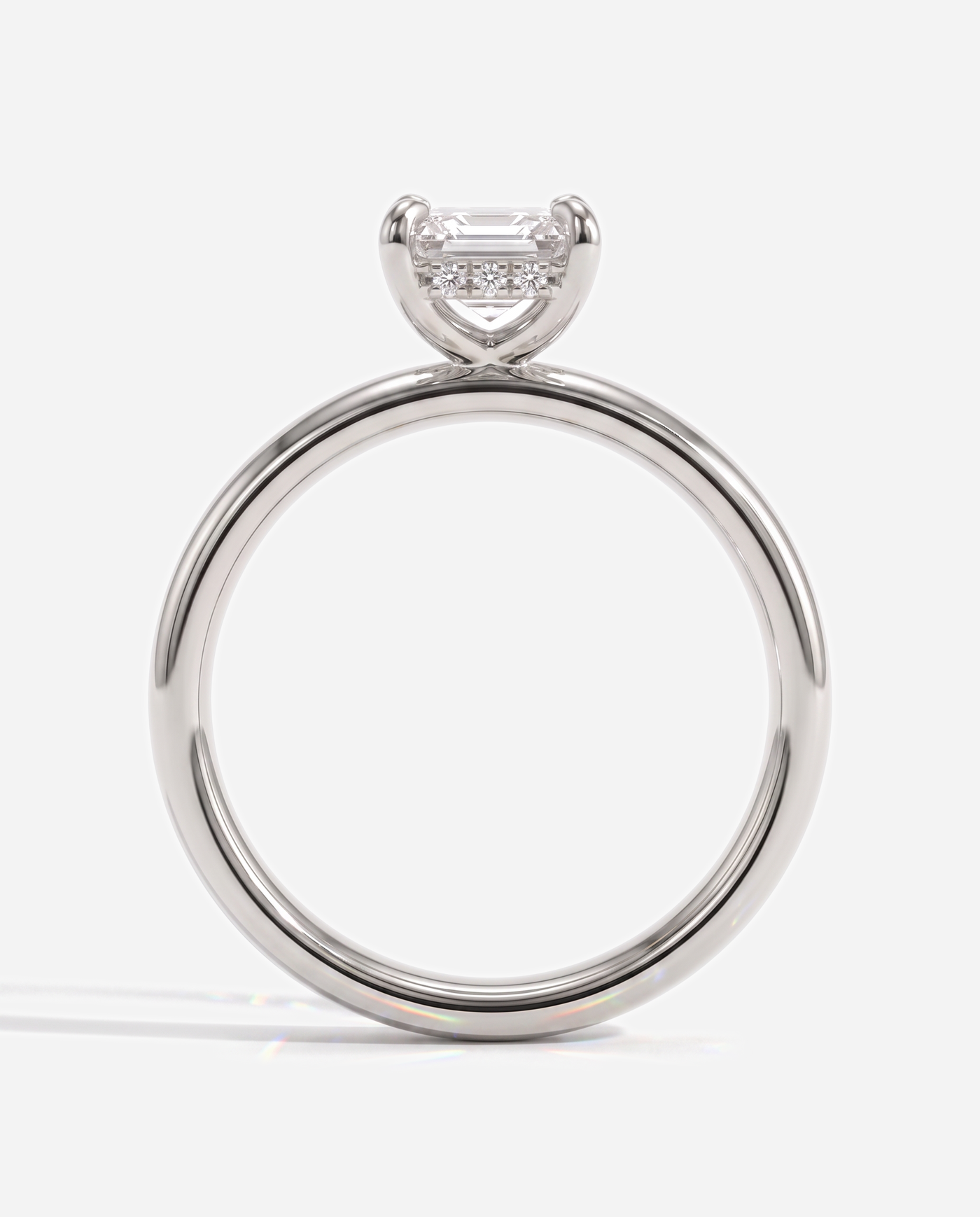 Blaire Emerald Claw Solitaire with Cigar Band and Hidden Halo Engagement Ring, lab grown diamond in platinum, side profile