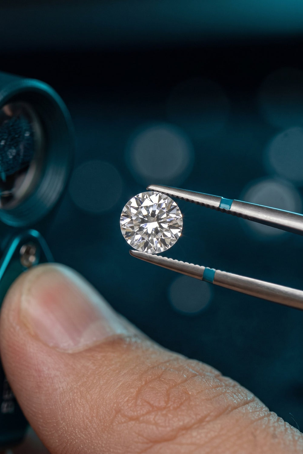 Round brilliant diamond held in tweezers